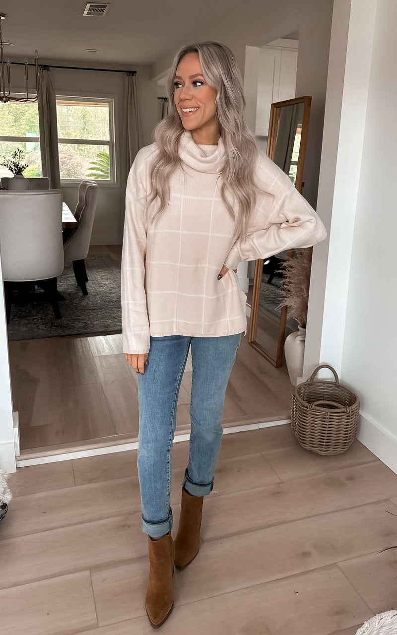 ECOWISH Women Fall Pullover Sweater Turtleneck Plaid Long Sleeve Loose Casual Chunky Checked Knit Winter Sweaters Jumper Tops 014beige M - Image 4